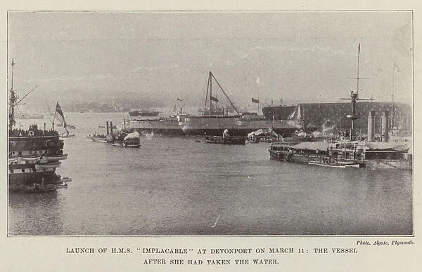 Launch of HMS 'Implacable'at Devonport on 11 March, the Vessel after she had taken the Water (b  /  w photo)
