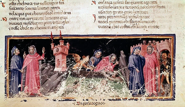 At the left, Dante and Virgil stand on the shore of the river Styx