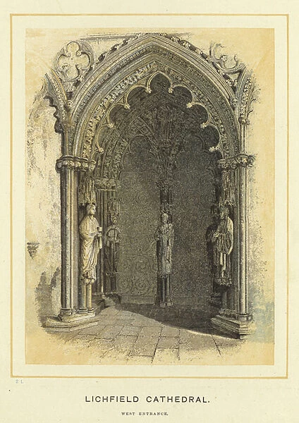 Lichfield Cathedral, west entrance (colour litho)