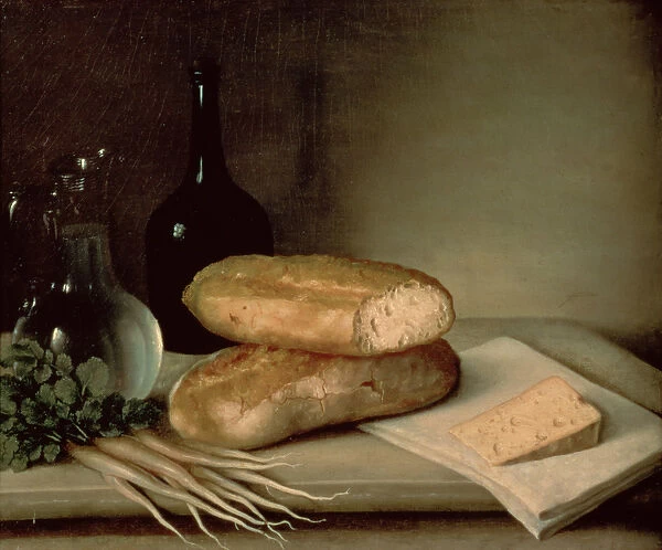 Still Life with Bread, Cheese and a Flagon of Wine (oil on canvas)