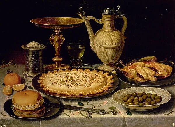 Still life with a tart, roast chicken, bread, rice and olives (oil on panel)