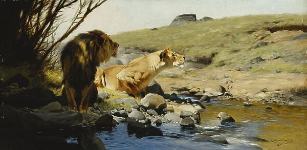 A Lion and Lioness at a Stream, (oil on panel)