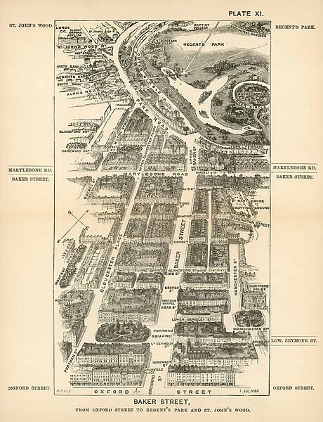 London in 1888: Baker Street, from Oxford Street to Regents Park and St Johns Wood (engraving)