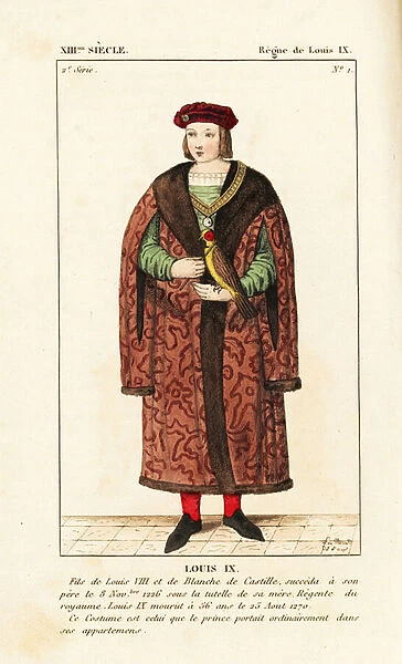 Louis IX, King of France (Saint Louis), 1215-1270. He wears his court dress: chapel (bonnet) over short hair, a furlined simar over doublet, gold chain and medallion (Ordre de la Cosse de Genet, Order of the Broom-Pod)