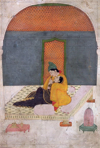Lovers on a terrace, Garhwal, c. 1780-1800 (gouache on paper)