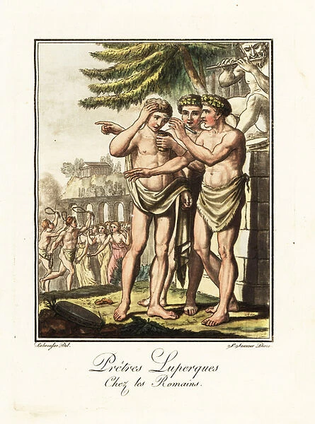Three Luperci, priests of the Lupercalia, ancient Rome. 1796 (engraving)