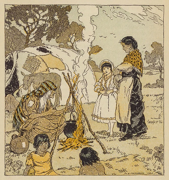 Maggie Tulliver with the gypsies, scene from The Mill on the Floss, by George Eliot (colour litho)