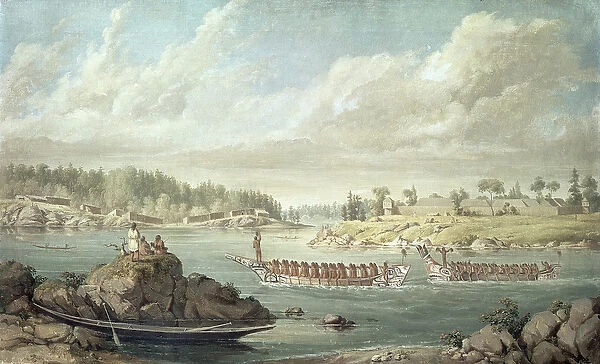 Makah returning in their war canoes (oil on canvas)