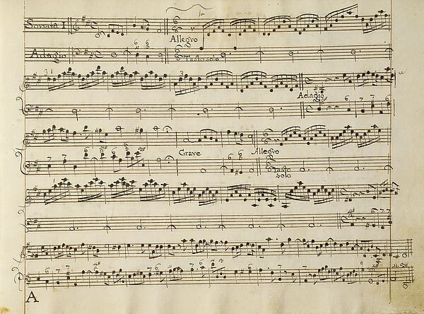 Manuscript page from the score of Opus V, Sonata for violin, violone, and harpsichord