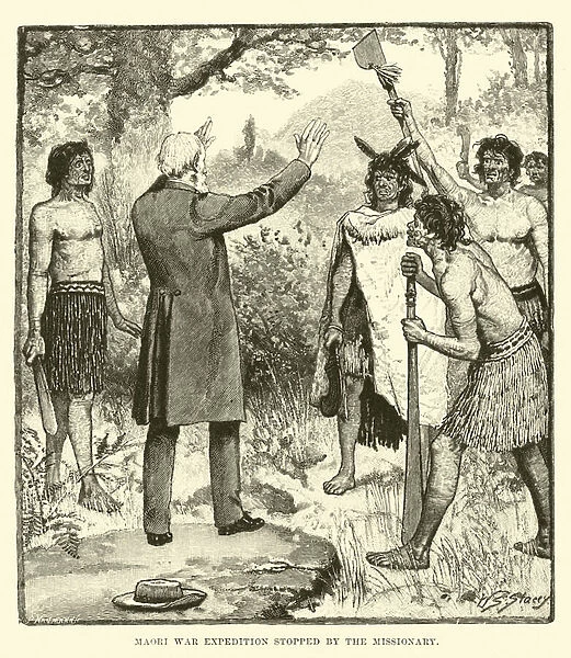 Maori War Expedition stopped by the missionary (engraving)