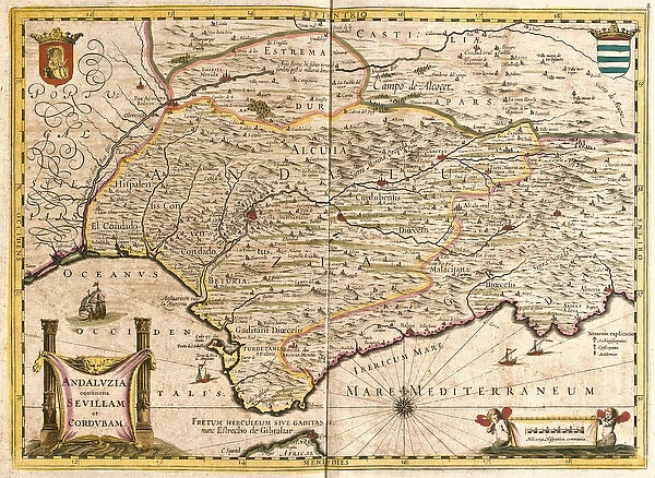 Map of Andalusia, with Seville and Cordoba (Spain) (etching, 1671)