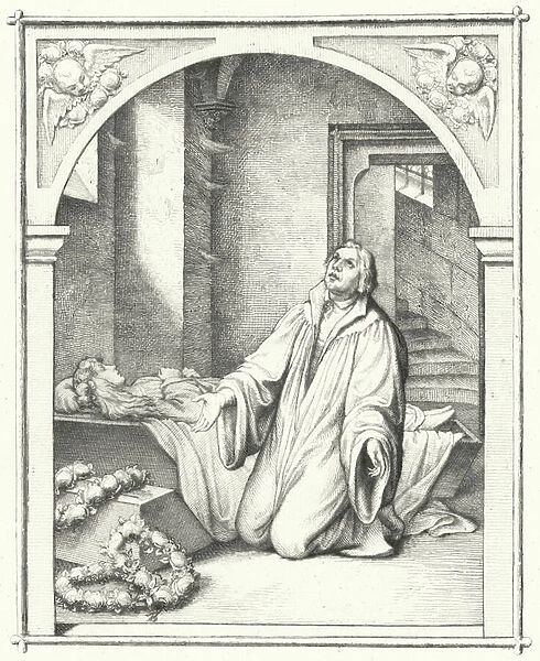 Martin Luther with the dead body of his daughter Magdalena, 1542 (engraving)