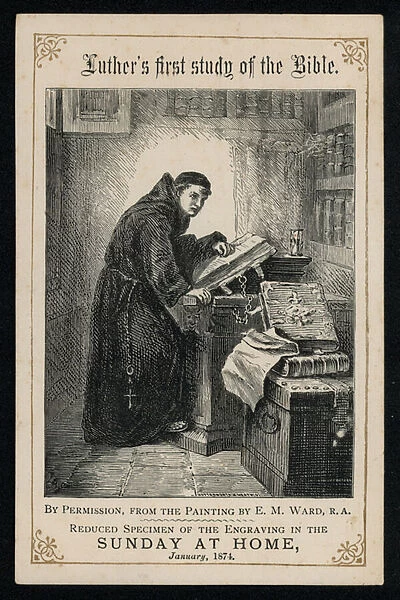 Martin Luther, German theologist, at his first study of the Bible (engraving)