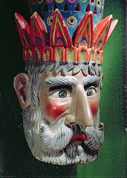 Mask of a king magus used in processions to celebrate the feast of the Epiphany in Mexico