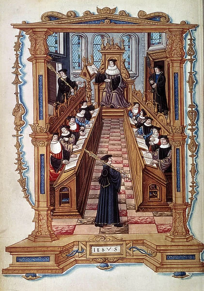 A master court in a room of the Sorbonne University in Paris in the Middle Ages