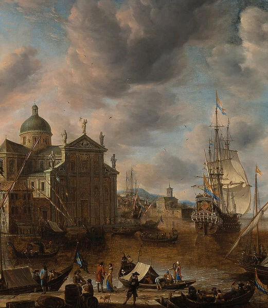 A Mediterranean capriccio harbour with figures conversing on a quay