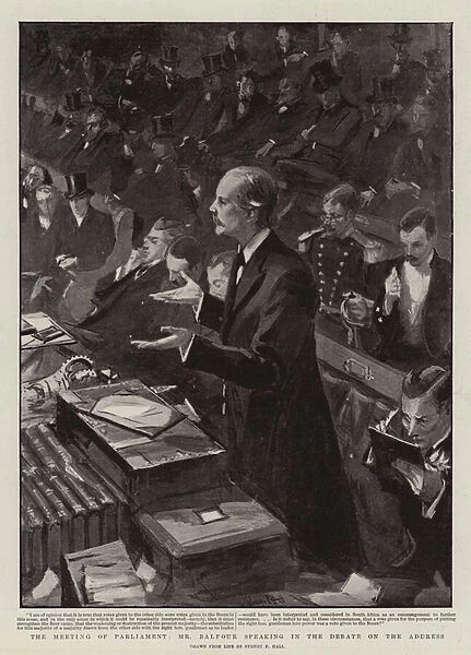 The Meeting of Parliament, Mr Balfour speaking in the Debate on the Address (litho)