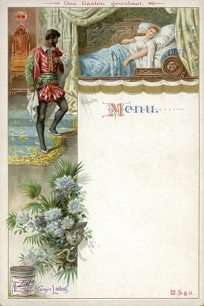 Menu with a scene from Othello and an advertisement for Liebigs Extract of Meat (colour litho)