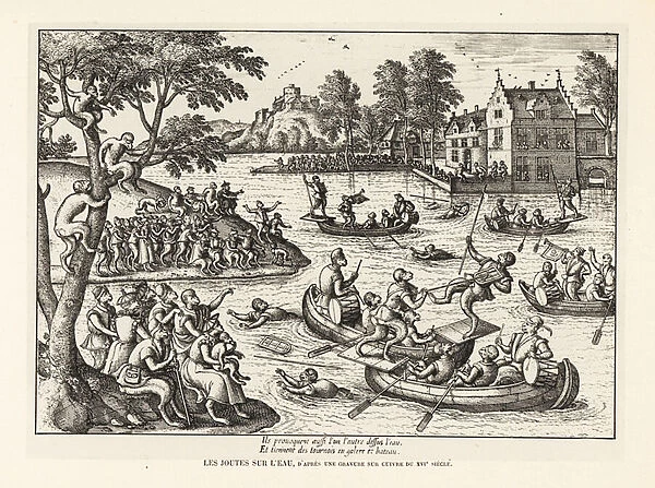 Monkeys on boats competing in a water joust, 16th century. 1906 (lithograph)