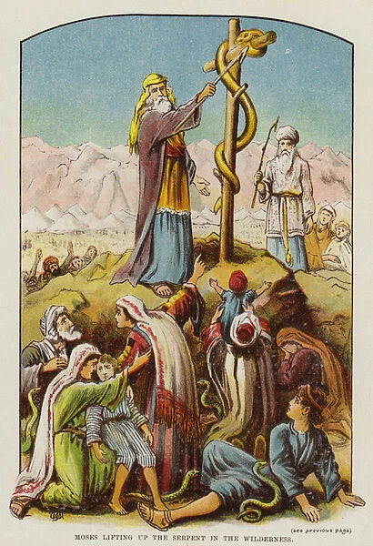Moses lifting up the Serpent in the Wilderness (colour litho)