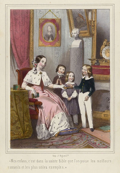 A mother explaining to her children the virtues of reading the Bible (colour litho)