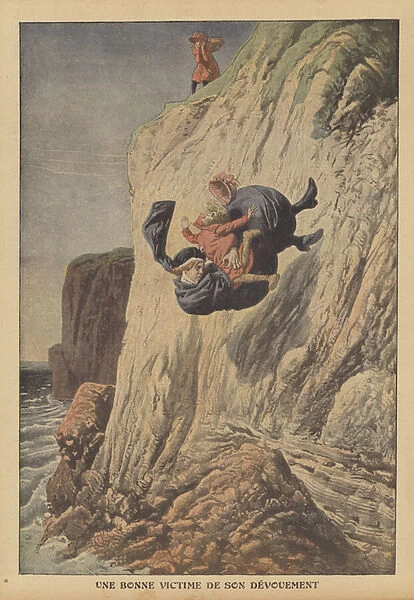 A nanny falling from a cliff at Llandudno while trying to save one of the children she was looking after (colour litho)