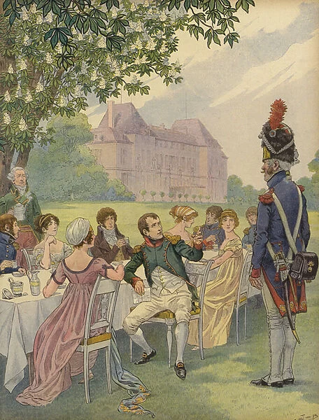 Napoleon Bonparte and Josephine at a garden party in the grounds of the Chateau de Malmaison (colour litho)