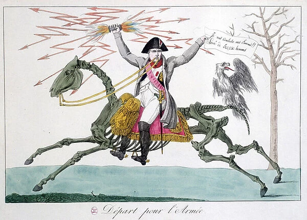 Napoleon: caricature in a warrior man on a horse skeleton - in '