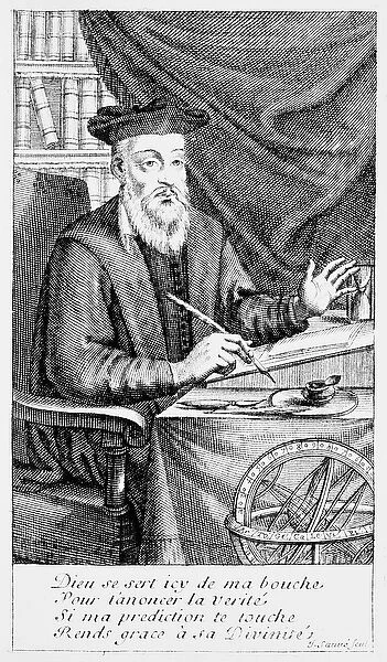 Nostradamus writing his prophecies (b  /  w engraving)