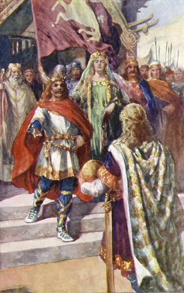 Offa, King Of Mercia, descending the steps of his throne (colour litho)