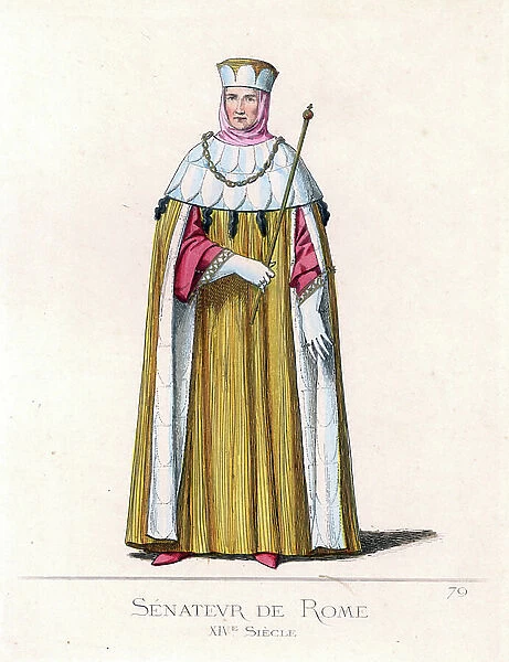 Official costume of a Roman senator, 14th century - Roman senator or governor in formal robes, 14th century - He wears a ducal hat in gold brocade, a cape of gold brocade and ermine, a pink simar