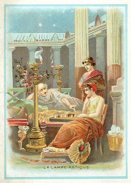 Oil lamps in ancient times (chromolitho)