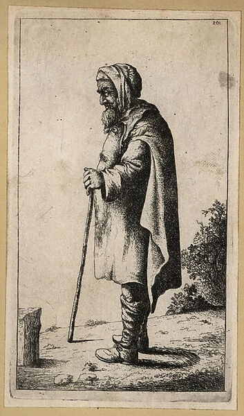 Old man in a hooded cape leaning on a stick, 17th century. 1803 (engraving)