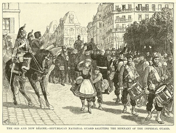 The Old and New Regime, Republican National Guard saluting the remnant of the Imperial Guard (engraving)