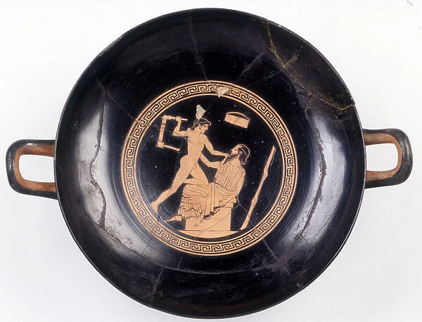 Painting on cut: Representation of Heracles waving a chair to knock out his music master, 470 BC. BNF, Medal Office