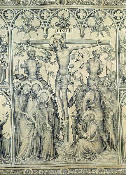 The Parement of Narbonne, detail of the Crucifixion, c. 1375 (grisaille on silk)