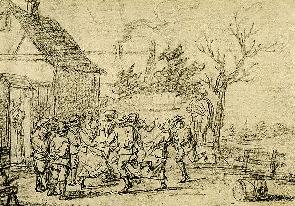 Peasants dancing in front of a house