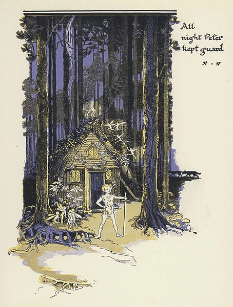 Peter Pan and Wendy: All night Peter kept guard (colour litho)