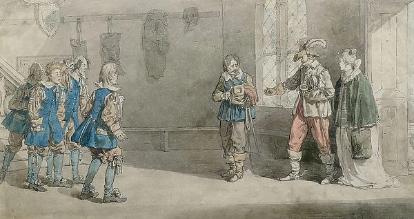 Petruchio, Katarina and servants in a scene from The Taming of the Shrew, c