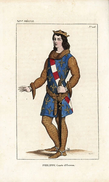 Philip III, Count of Evreux and King of Navarre, 1306-1343. He wears a crown, chainmail hauberk, tunic with coat of arms, spurs, and holds a sword. Handcoloured copperplate drawn and engraved by Leopold Massard from '