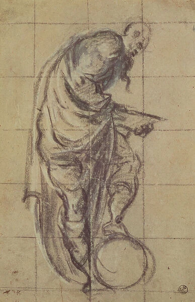 A Philosopher standing on a globe (charcoal on paper)