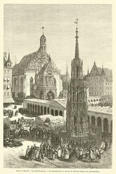 Place du Marche, La Belle-Fontaine, La Frauenkirche (engraving)
