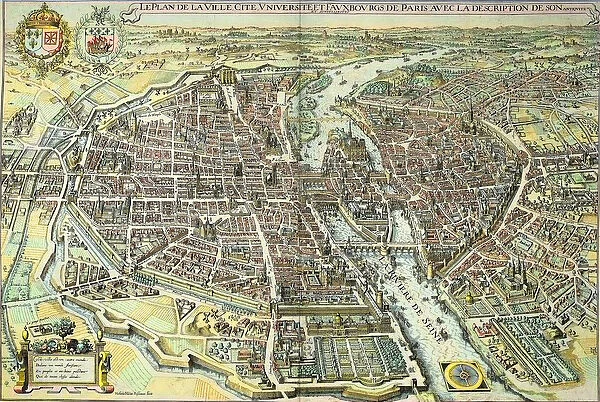 Plan of Paris in 1615. Engraving by Mathieu Merian, 17th century. Paris