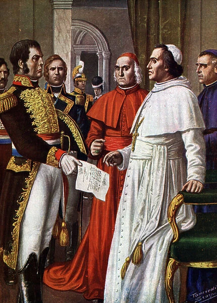 Pope Pius VII, prisoner at the castle of Fontainebleau, consented to sign, on 25  /  01  /  1813, the Concordat of Fontainebleau (1813), by which he abdicated his temporal sovereignty