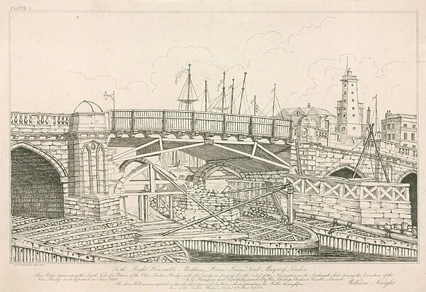 Portion of the Old London Bridge, drawn in 1826 during construction works (engraving)