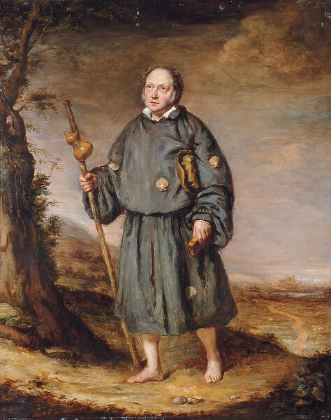 Portrait of a gentleman as a pilgrim, on a track, holding a staff with a gourd