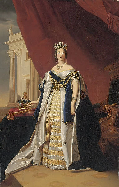 Portrait of Queen Victoria in coronation robes (oil on paper laid down on canvas)