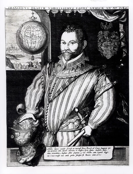Portrait of Sir Francis Drake (c. 1540-96) (engraving) (b  /  w photo)