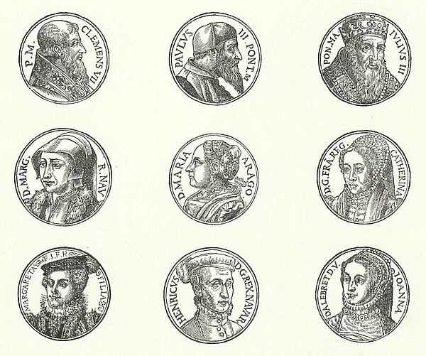 Portraits of popes and royalty (engraving)