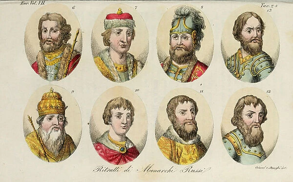 Portraits of the Russian Monarchy, 6. Yaroslav 7. Sviatoslav II 8. Sviatopolk 9. Vladimir Monomakh 10. Yuri I 11. Ivan II 12. Dmitry Donskoy 13. Ivan III, 1831 (colour litho)